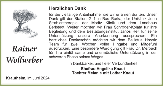 Traueranzeige von Rainer Wollweber von Thüringer Allgemeine, Thüringische Landeszeitung