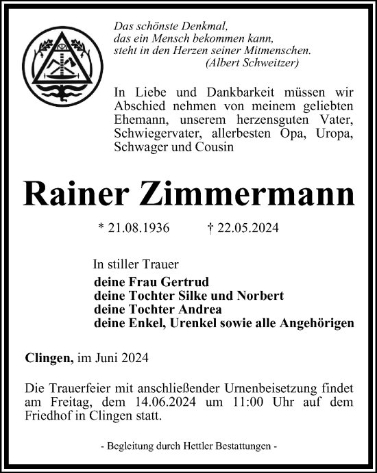 Traueranzeige von Rainer Zimmermann von Thüringer Allgemeine