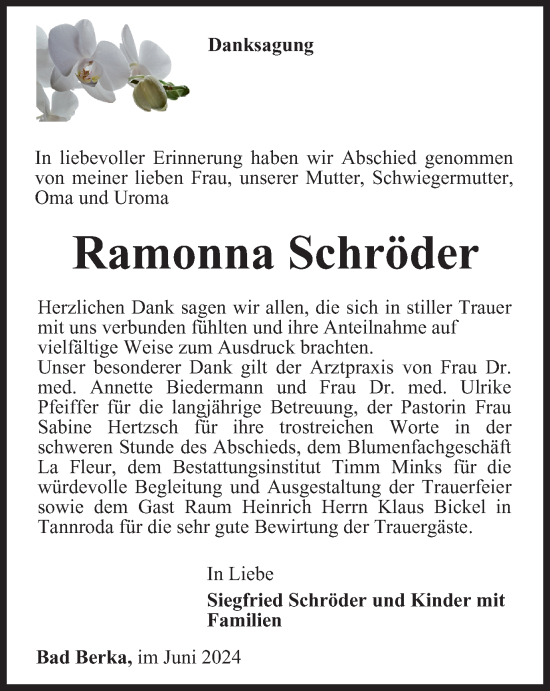 Traueranzeige von Ramonna Schröder von Thüringer Allgemeine, Thüringische Landeszeitung