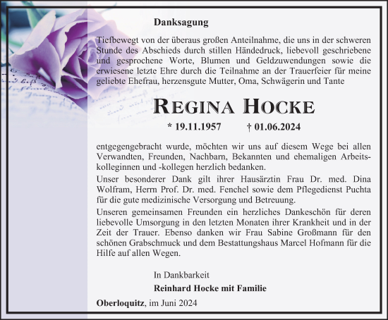 Traueranzeige von Regina Hocke von Ostthüringer Zeitung