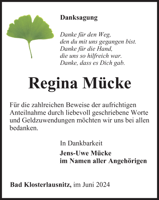 Traueranzeige von Regina Mücke von Ostthüringer Zeitung