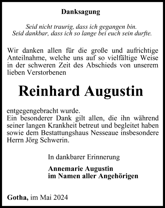 Traueranzeige von Reinhard Augustin von Thüringer Allgemeine, Thüringische Landeszeitung