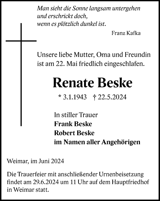 Traueranzeige von Renate Beske von Thüringer Allgemeine, Thüringische Landeszeitung