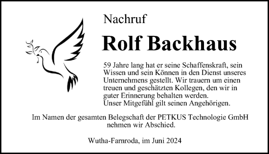 Traueranzeige von Rolf Backhaus von Thüringer Allgemeine, Thüringische Landeszeitung