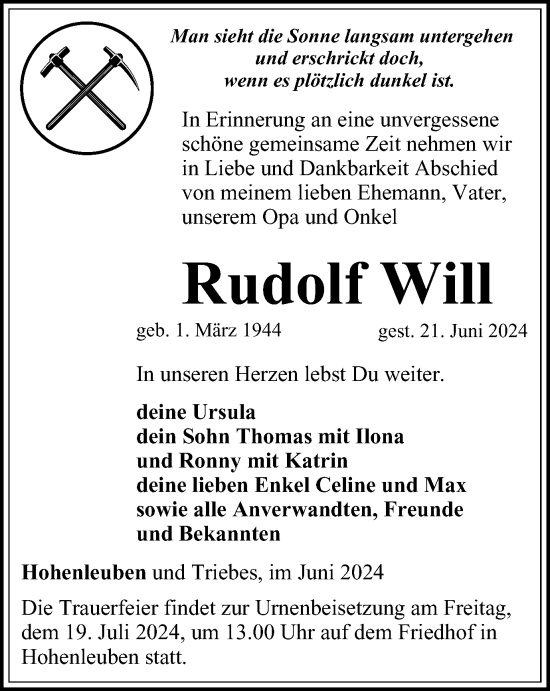 Traueranzeige von Rudolf Will von Ostthüringer Zeitung