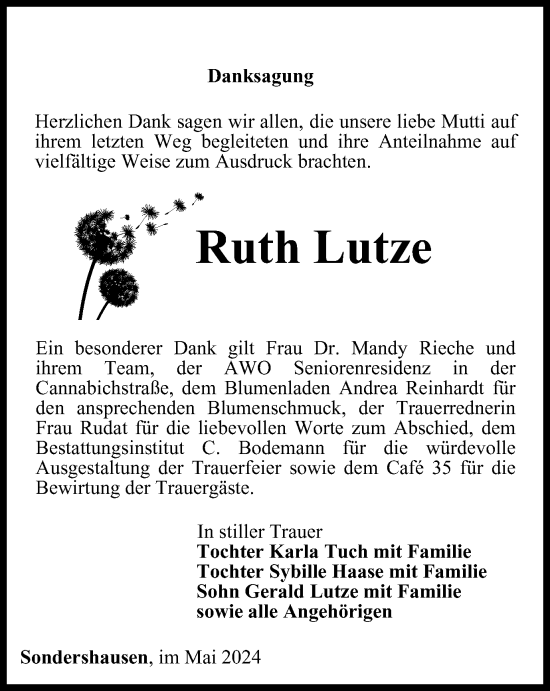 Traueranzeige von Ruth Lutze von Thüringer Allgemeine