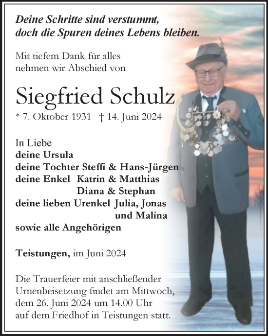 Traueranzeige von Siegfried Schulz von Thüringer Allgemeine