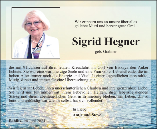 Traueranzeige von Sigrid Hegner