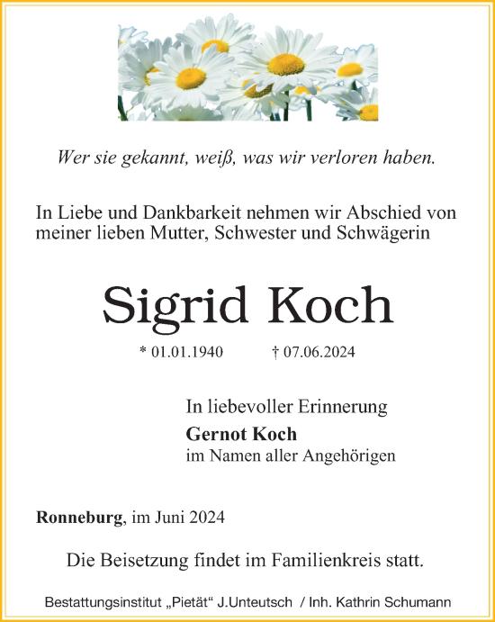 Traueranzeige von Sigrid Koch von Ostthüringer Zeitung