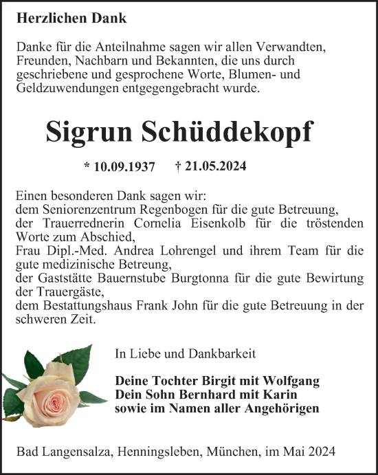 Traueranzeige von Sigrun Schüddekopf von Thüringer Allgemeine, Thüringische Landeszeitung