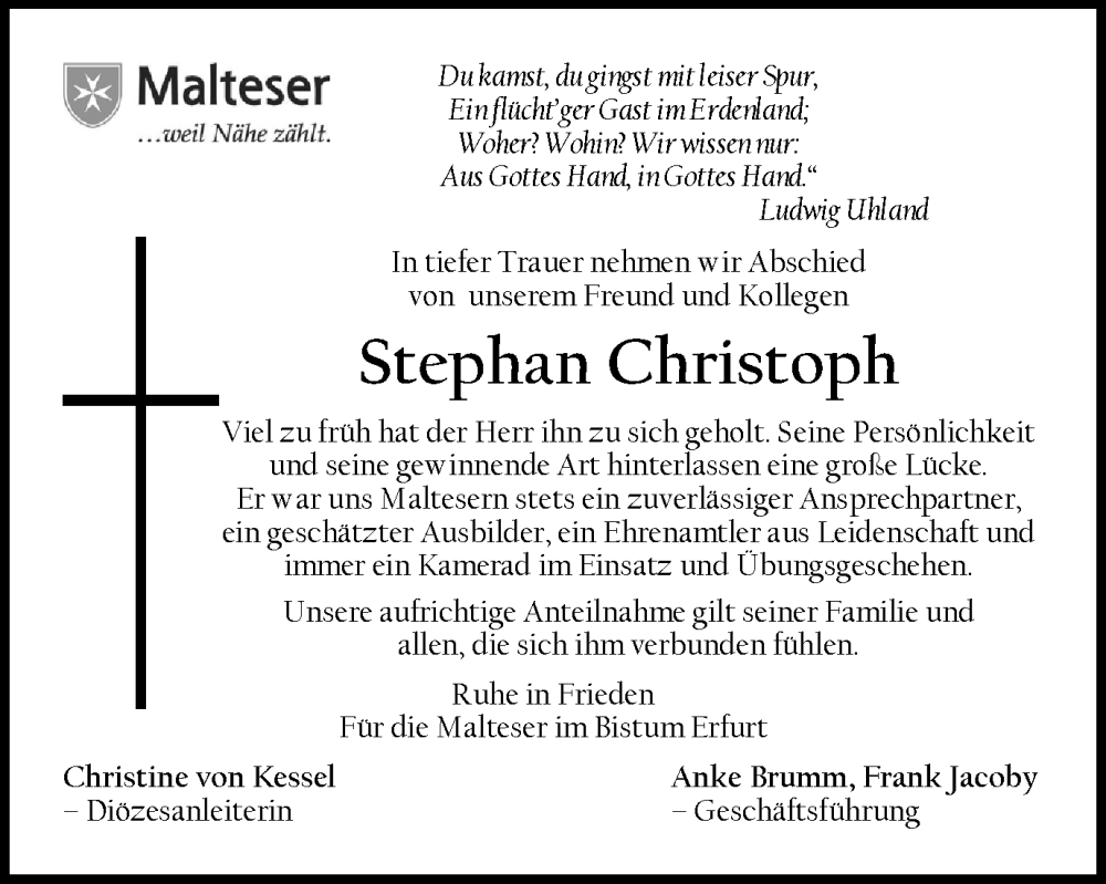  Traueranzeige für Stephan Christoph vom 22.06.2024 aus Thüringer Allgemeine, Thüringische Landeszeitung