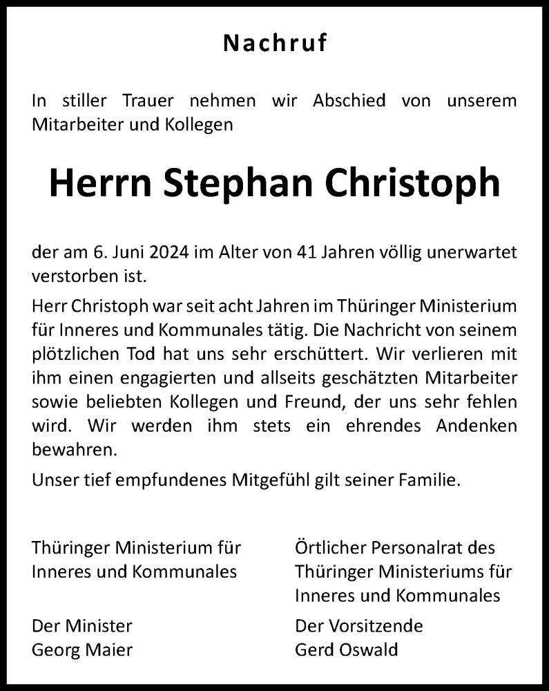  Traueranzeige für Stephan Christoph vom 22.06.2024 aus Thüringer Allgemeine, Thüringische Landeszeitung
