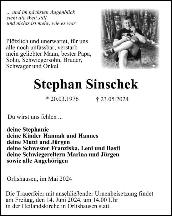 Traueranzeige von Stephan Sinschek von Thüringer Allgemeine