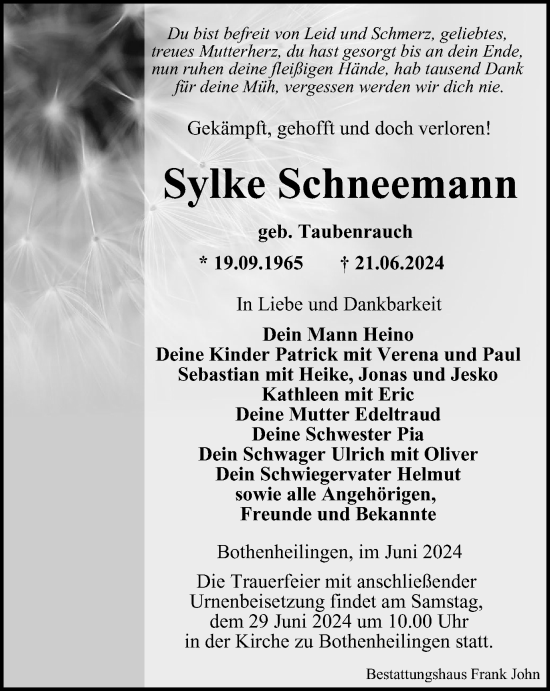 Traueranzeige von Sylke Schneemann von Thüringer Allgemeine, Thüringische Landeszeitung