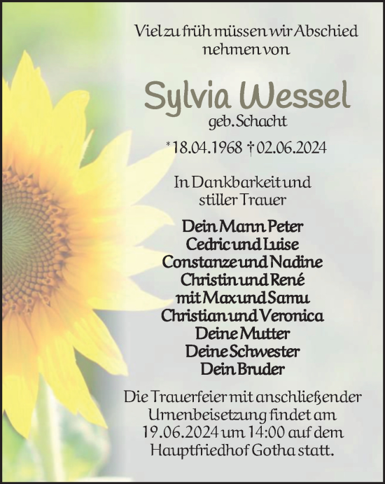 Traueranzeige von Sylvia Wessel von Thüringer Allgemeine, Thüringische Landeszeitung
