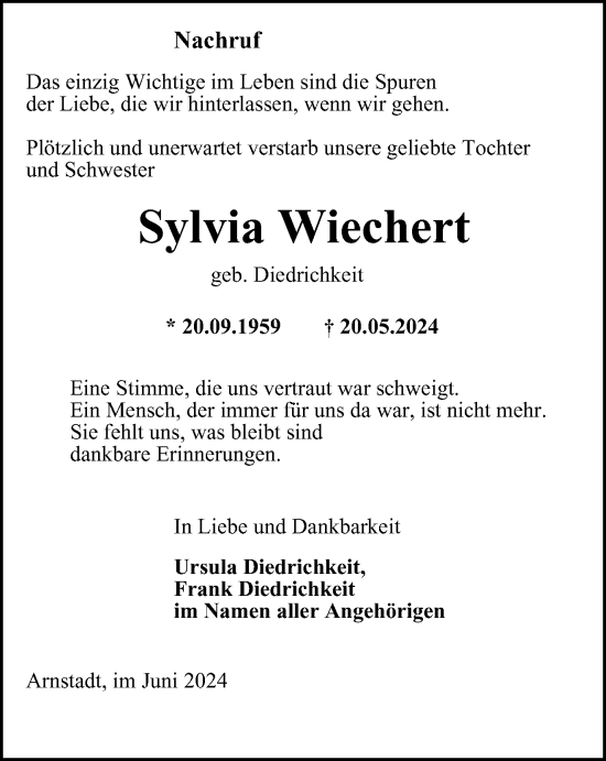 Traueranzeige von Sylvia Wiechert von Thüringer Allgemeine