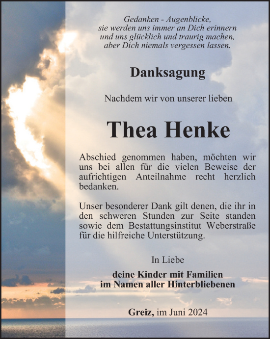 Traueranzeige von Thea Henke von Ostthüringer Zeitung