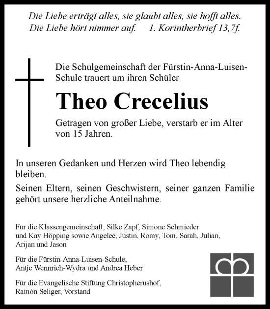Traueranzeige von Theo Crecelius von Ostthüringer Zeitung