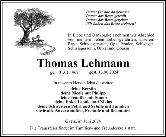 Traueranzeige von Thomas Lehmann von Ostthüringer Zeitung