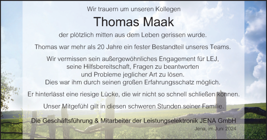 Traueranzeige von Thomas Maak von Ostthüringer Zeitung, Thüringische Landeszeitung