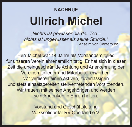 Traueranzeige von Ullrich Michel von Ostthüringer Zeitung