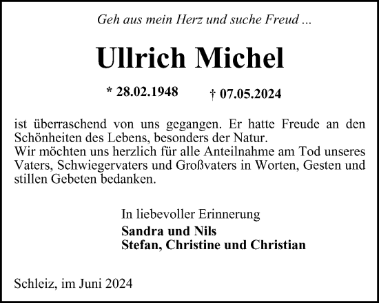 Traueranzeige von Ullrich Michel von Ostthüringer Zeitung