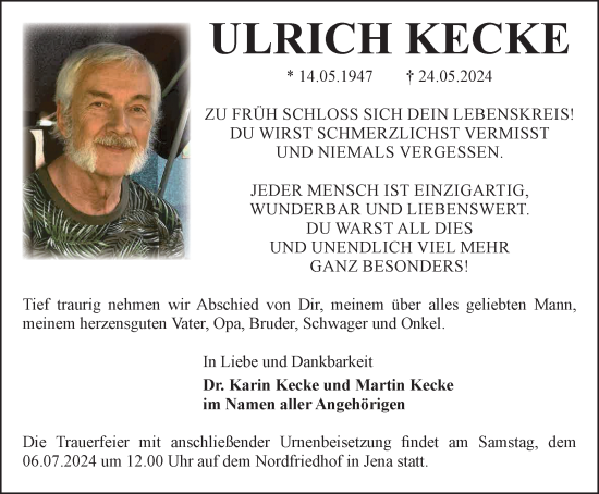 Traueranzeige von Ulrich Kecke von Ostthüringer Zeitung, Thüringische Landeszeitung