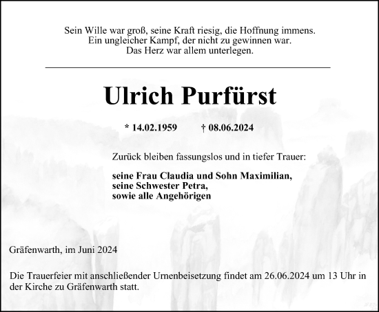 Traueranzeige von Ulrich Purfürst von Ostthüringer Zeitung