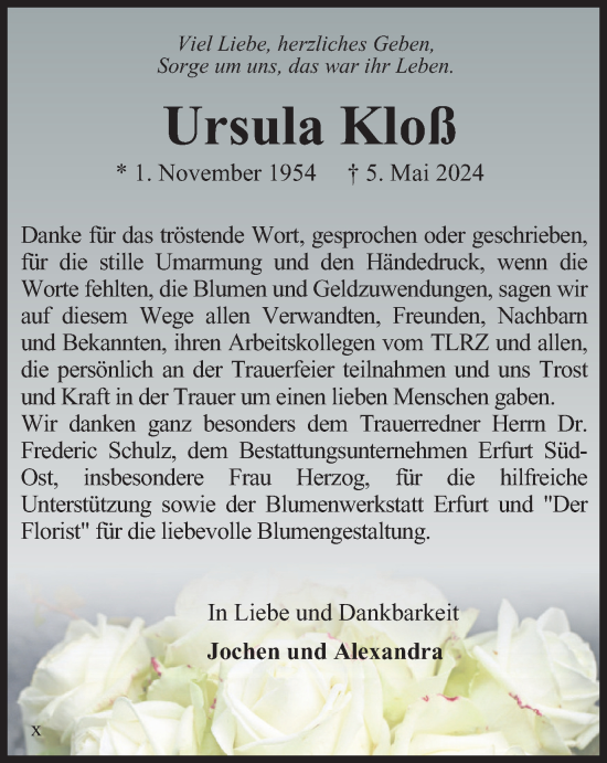 Traueranzeige von Ursula Kloß von Thüringer Allgemeine, Thüringische Landeszeitung