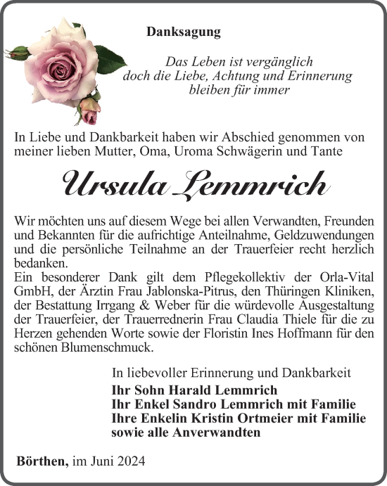 Traueranzeige von Ursula Lemmrich von Ostthüringer Zeitung