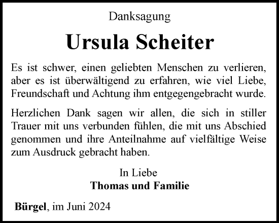 Traueranzeige von Ursula Scheiter von Ostthüringer Zeitung