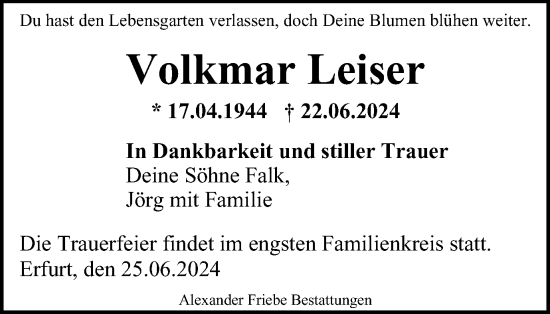 Traueranzeige von Volkmar Leiser von Thüringer Allgemeine, Thüringische Landeszeitung