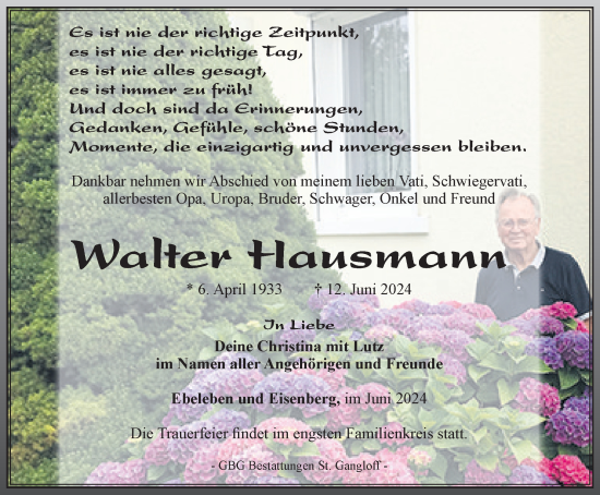 Traueranzeige von Walter Hausmann von Ostthüringer Zeitung