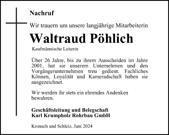 Traueranzeige von Waltraud Pöhlich von Ostthüringer Zeitung