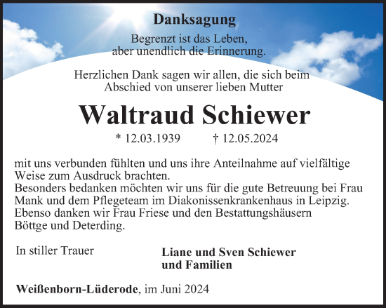 Traueranzeige von Waltraud Schiewer von Thüringer Allgemeine