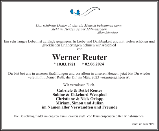 Traueranzeige von Werner Reuter von Thüringer Allgemeine, Thüringische Landeszeitung