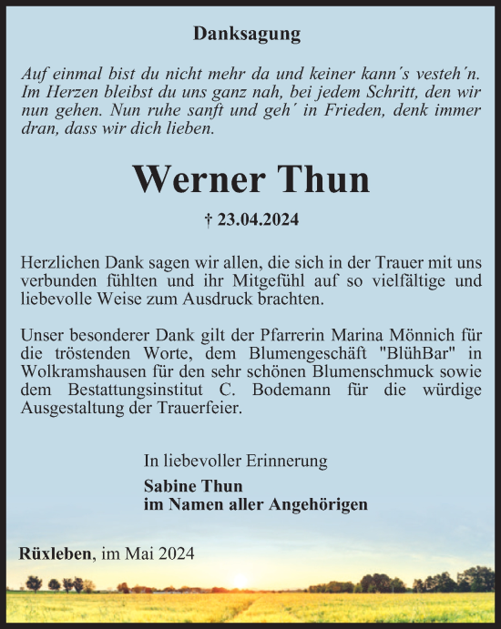 Traueranzeige von Werner Thun