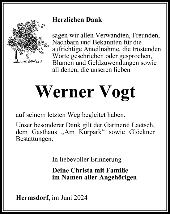 Traueranzeige von Werner Vogt von Ostthüringer Zeitung
