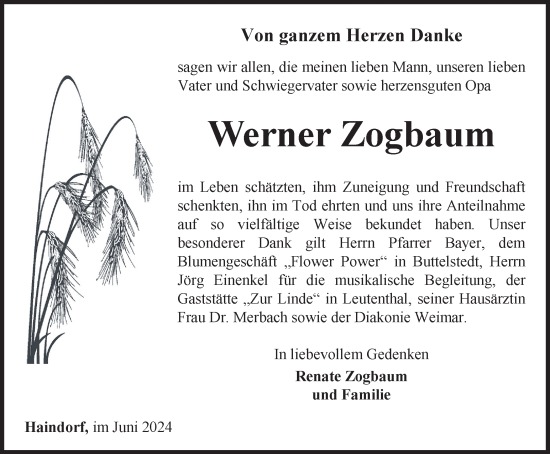 Traueranzeige von Werner Zogbaum von Thüringer Allgemeine, Thüringische Landeszeitung