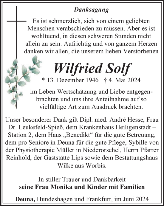 Traueranzeige von Wilfried Solf von Thüringer Allgemeine