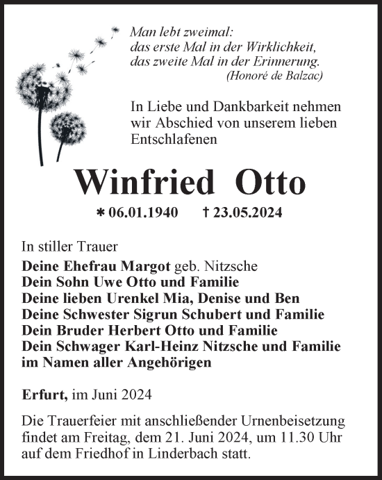 Traueranzeige von Winfried Otto von Thüringer Allgemeine, Thüringische Landeszeitung