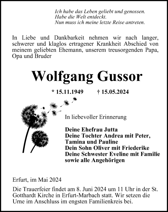 Traueranzeige von Wolfgang Gussor von Thüringer Allgemeine, Thüringische Landeszeitung