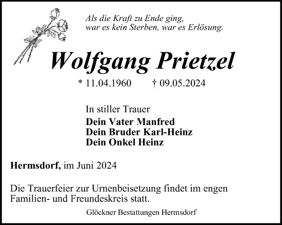 Traueranzeige von Wolfgang Prietzel von Ostthüringer Zeitung