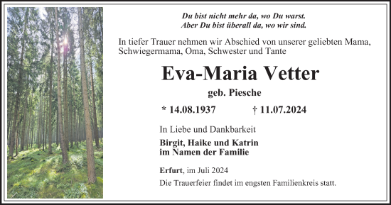 Traueranzeige von Eva-Maria Vetter  von TA, TLZ