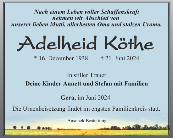 Traueranzeige von Adelheid Köthe von Ostthüringer Zeitung