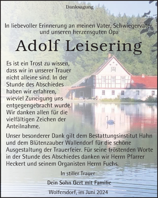 Traueranzeige von Adolf Leisering von Ostthüringer Zeitung