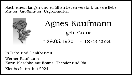 Traueranzeige von Agnes Kaufmann von Thüringer Allgemeine, Thüringische Landeszeitung