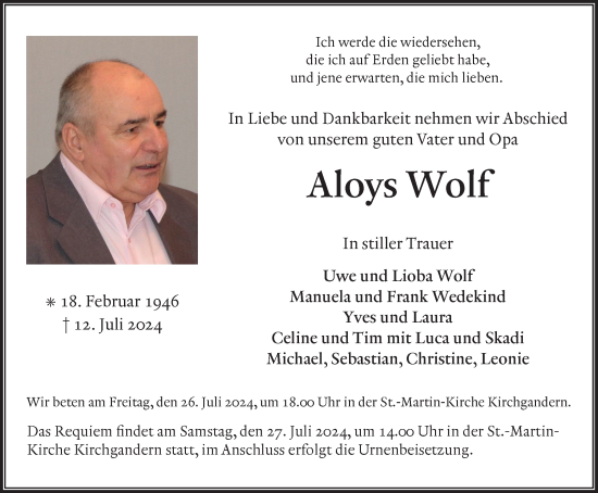 Traueranzeige von Aloys Wolf von Thüringer Allgemeine
