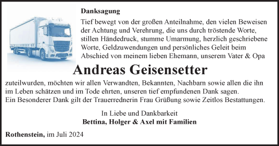 Traueranzeige von Andreas Geisensetter von Ostthüringer Zeitung, Thüringische Landeszeitung
