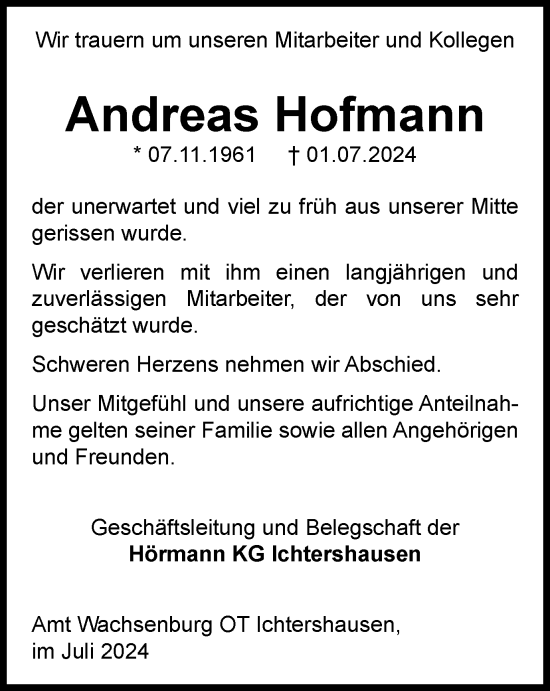 Traueranzeige von Andreas Hofmann von Thüringer Allgemeine, Thüringische Landeszeitung